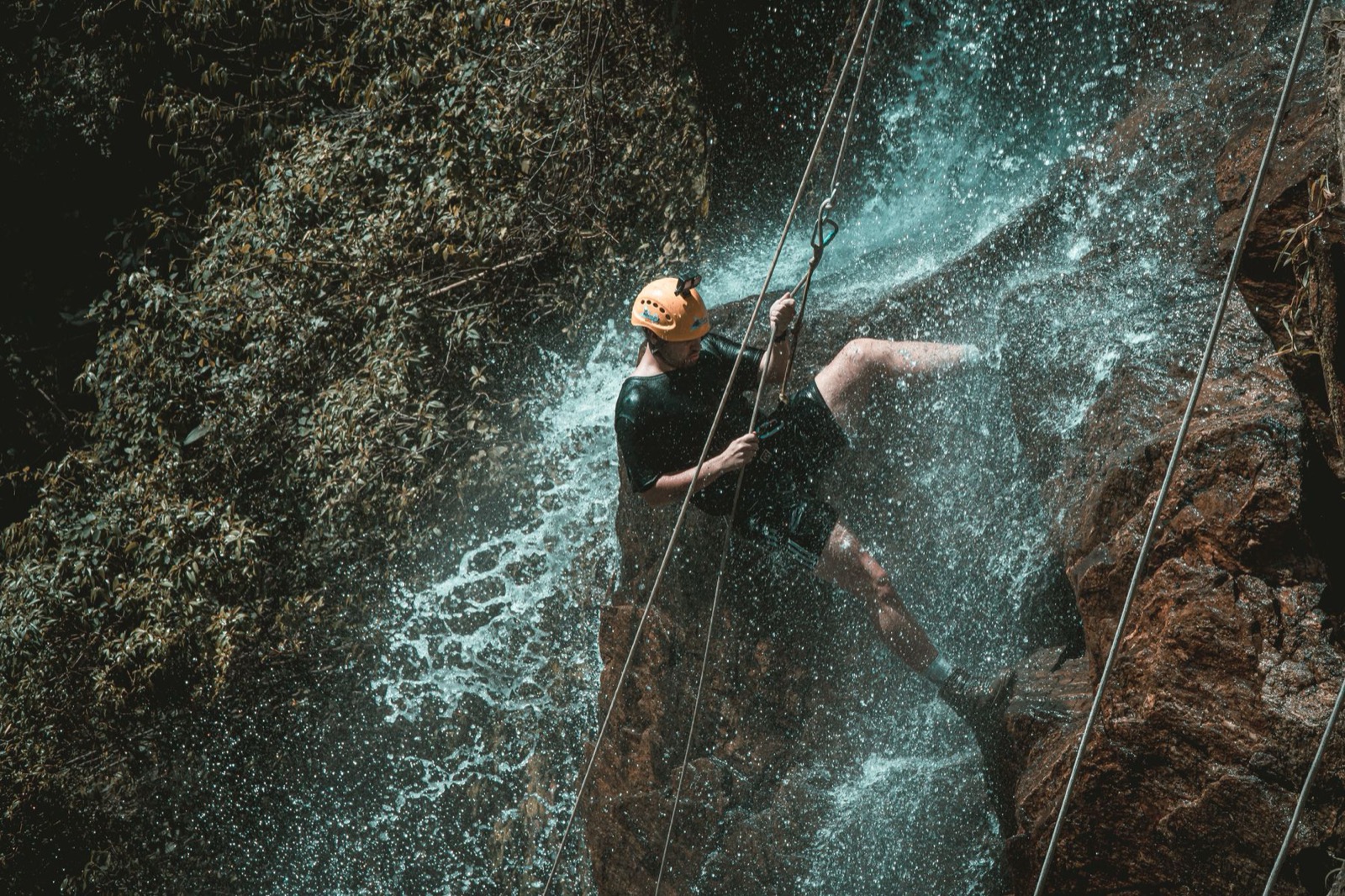 A jump into a deep pool at the bottom of a gorge.