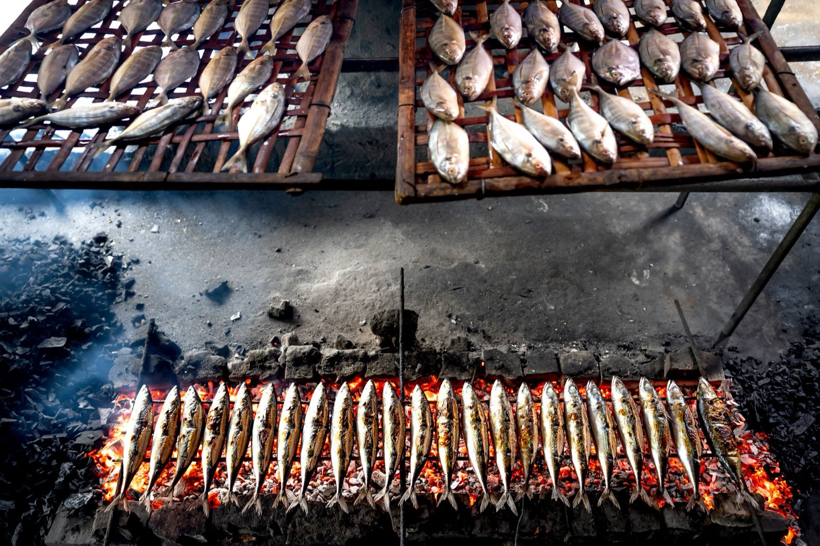 Whole fish grilling over an open flame.